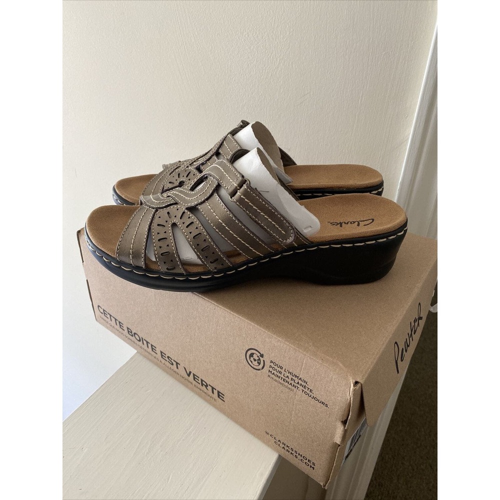 Clarks Bronze Leather Slip On Slides Comfort Wedge Sandals woman’s size 10M